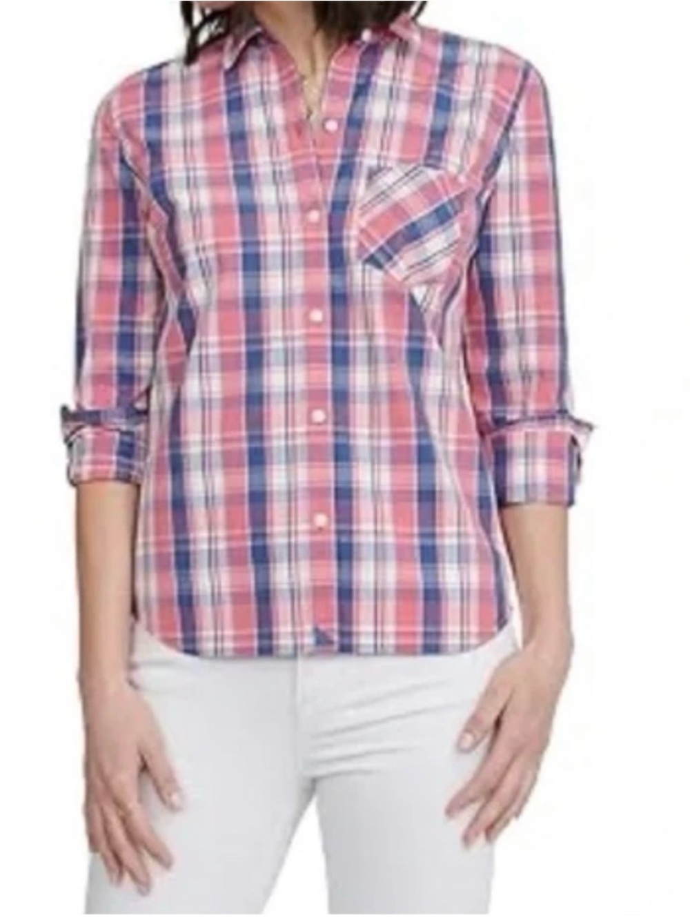 UNTUCKit LaConda Women's Button Down Shirt Size 12 Plaid Long Sleeve Pink Blue